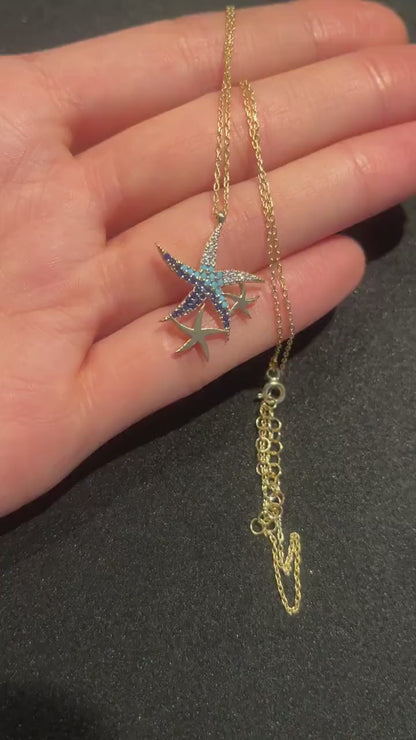 925 Sterling Silver Blue Starfish Handmade Necklace | Triple Stars Necklace | Starfish Necklace Blue Stars |Gold Chain Necklace|