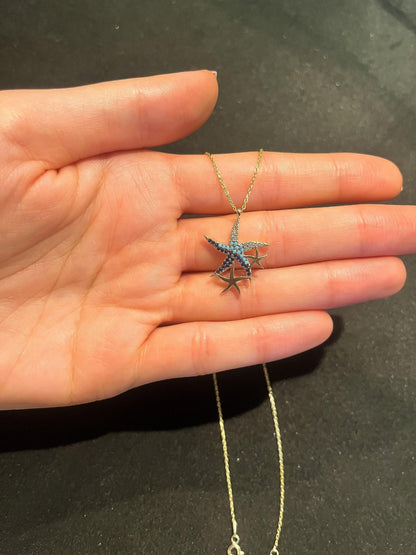925 Sterling Silver Blue Starfish Handmade Necklace | Triple Stars Necklace | Starfish Necklace Blue Stars |Gold Chain Necklace| - Tracesilver