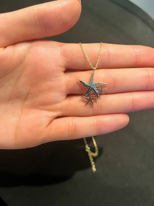 925 Sterling Silver Blue Starfish Handmade Necklace | Triple Stars Necklace | Starfish Necklace Blue Stars |Gold Chain Necklace| - Tracesilver