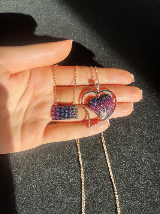925 Sterling Silver Ombre Heart Necklace | Pink Purple Ombre Silver Necklace |Colorfull Necklace |Purple Heart Necklace - Tracesilver