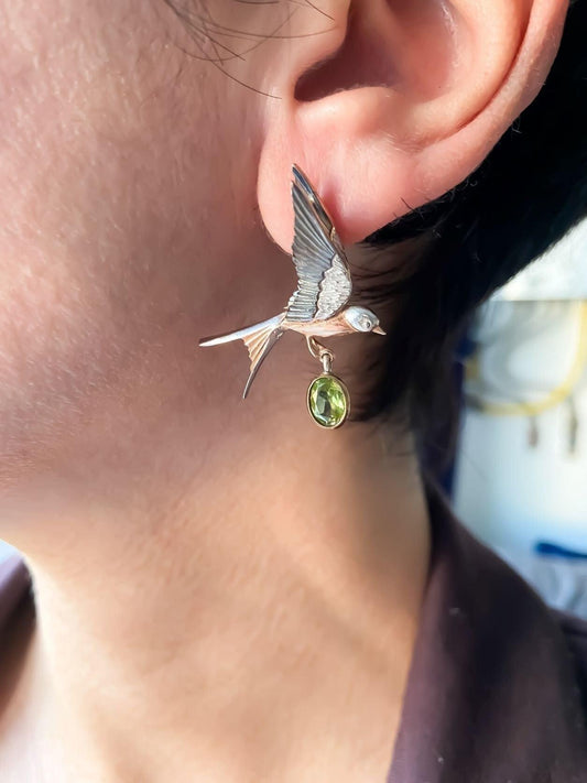925 Sterling Silver Peridot Stone Sparrow Stud Earrings For Women - Tracesilver