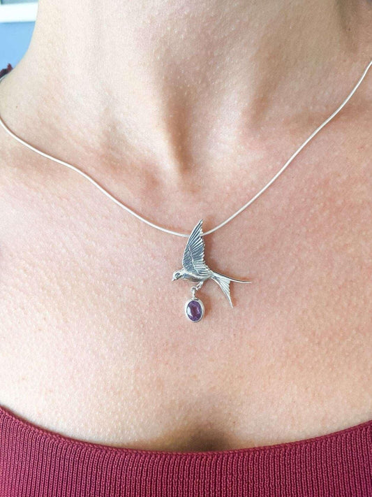 Amethyst Sparrow Silver Necklace 925 Sterling Silver Bird Stud Pendant For Women - Tracesilver