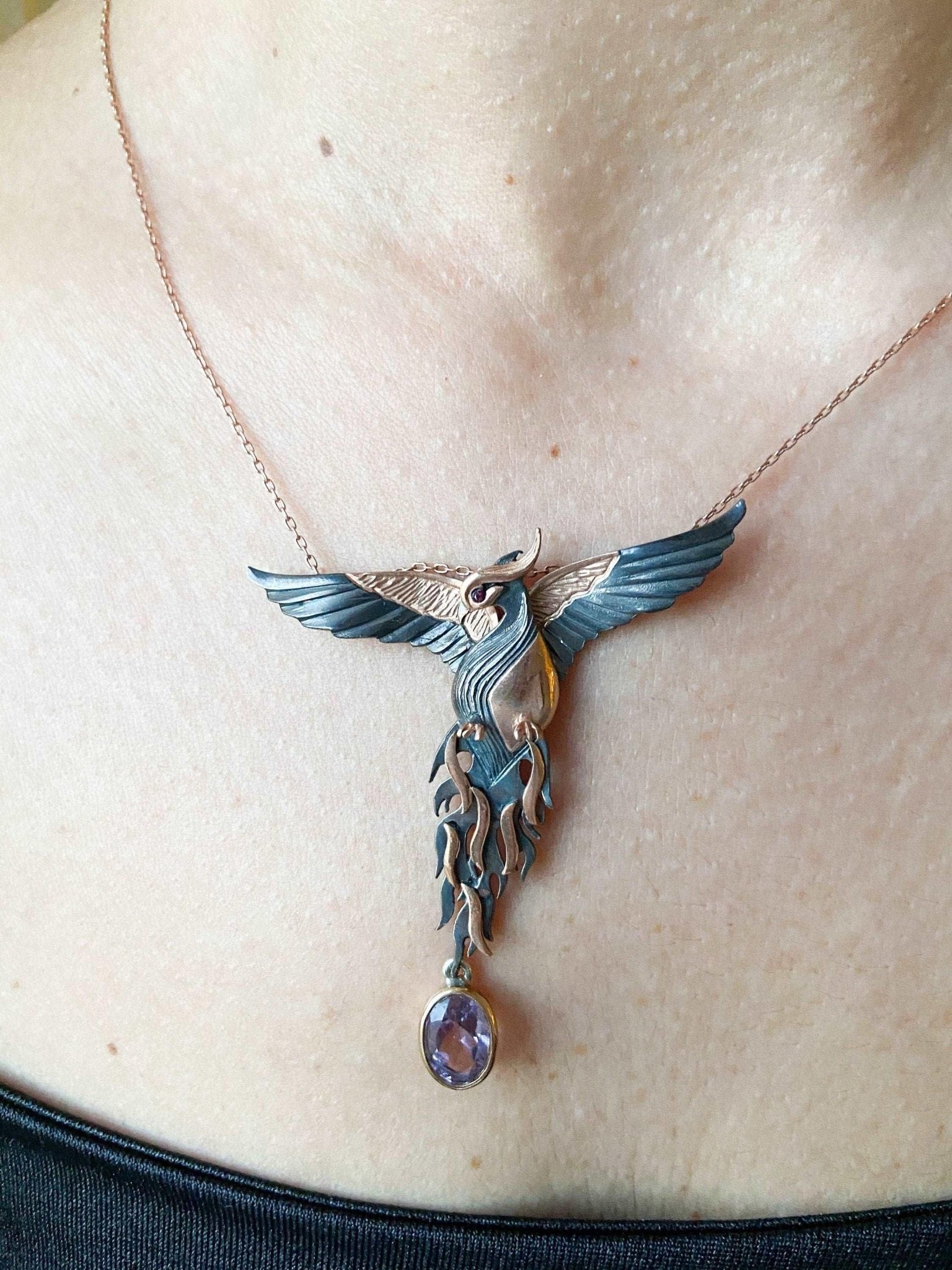 Amethyst Stone Fire Bird Pendant, Custom Desing Phoenix 925 Sterling Silver Necklace, Handmade Phoenix, Bird Jewerly Necklace,Animal Pendant - Tracesilver