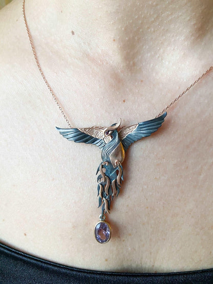Amethyst Stone Fire Bird Pendant, Custom Desing Phoenix 925 Sterling Silver Necklace, Handmade Phoenix, Bird Jewerly Necklace,Animal Pendant - Tracesilver
