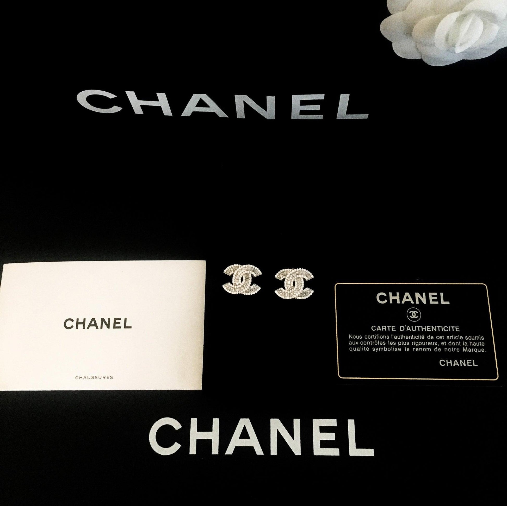Authentic Chanel 925 Sterling Silver Stud Zircon Stone Baguette Cut Earrings - Tracesilver