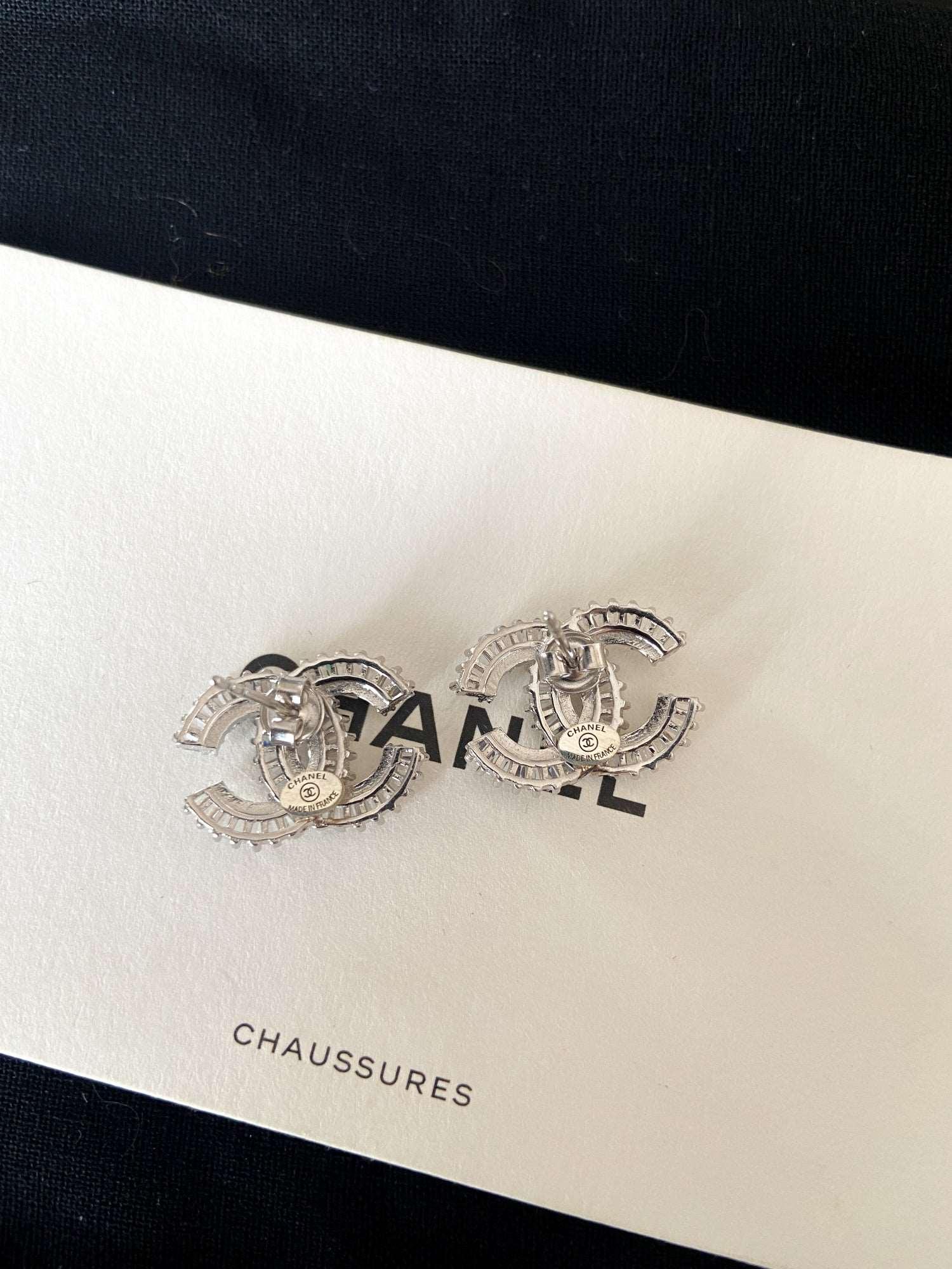 Authentic Chanel 925 Sterling Silver Stud Zircon Stone Baguette Cut Earrings - Tracesilver
