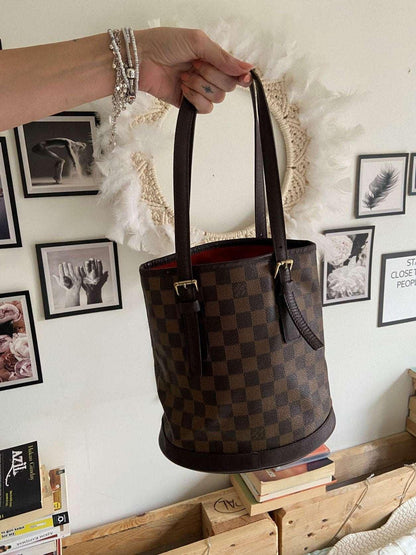 Authentic Louis Vuitton Damier Ebene Bucket Marais Brown Handbag - Tracesilver