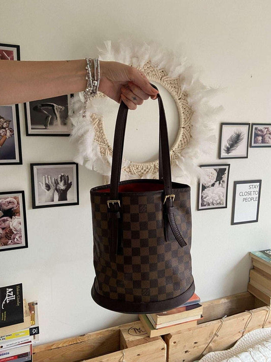 Authentic Louis Vuitton Damier Ebene Bucket Marais Brown Handbag - Tracesilver