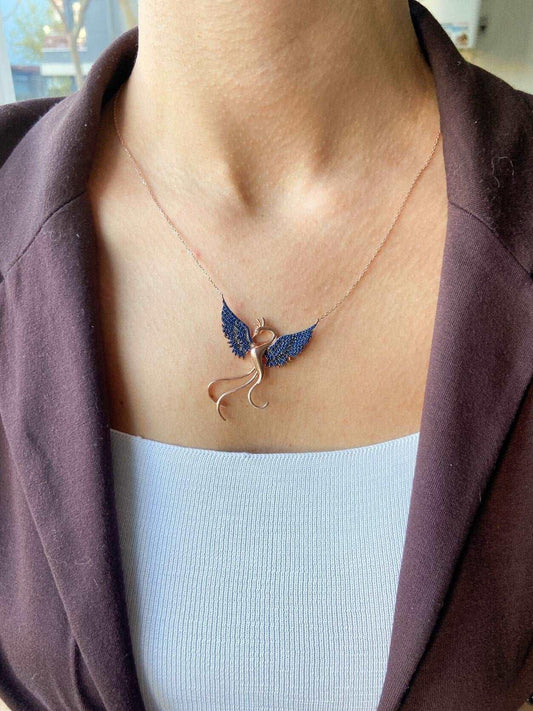 Blue Phoenix Handmade Necklace, Bird Jewelry Rose Gold Firebird Pendant, Blue Stone Zircon Phoenix Necklace - Tracesilver