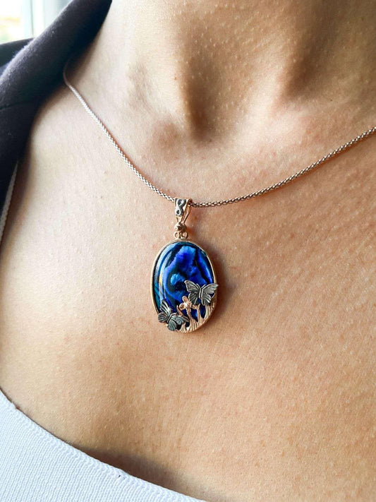 Butterfly Necklace Blue Abalone Gemstone 925 Sterling Silver Pendant, Animal Theme Butterfly Necklace - Tracesilver