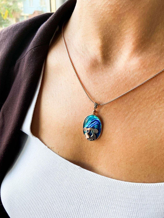 Cat Necklace 925 Sterling Silver Blue Abalone Gemstone Pendant, Animal Theme Cat Necklace - Tracesilver