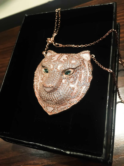 Emerald Eye Rose Gold Leopard Head Zircon Stone 925 Sterling Silver Custom Desing Necklace, Handmade Nacre Working Jewelry Leopard Pendant - Tracesilver