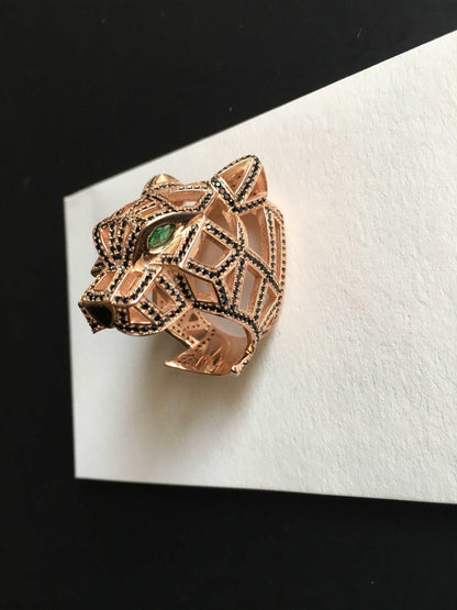 Emerald Eye Silver Leopard Unique Rings Custom Desing Jewelry, Handmade Emerald Eye Gemstone Leopard Ring, Animal Jewelry For Women Rings - Tracesilver