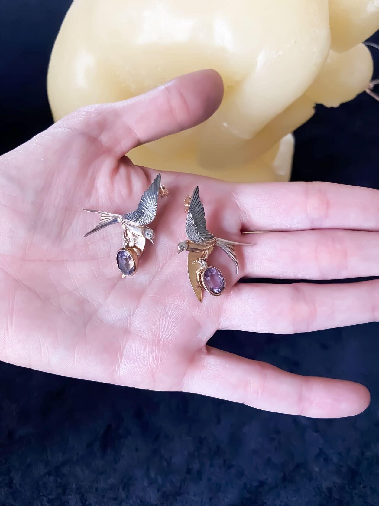 Handmade Amethyst Bird Stud Earrings, 925 Sterling Silver Swallow Bird Earrings, Flapping Wings , Bird Jewellery, Custom Animal Earrings - Tracesilver