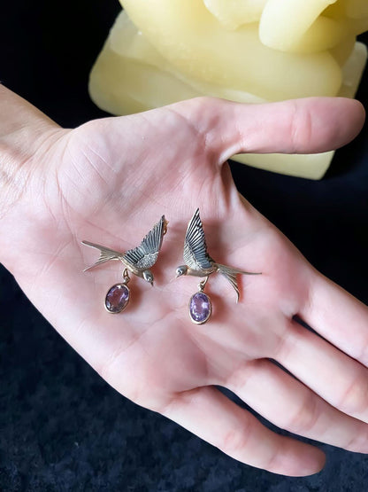 Handmade Amethyst Bird Stud Earrings, 925 Sterling Silver Swallow Bird Earrings, Flapping Wings , Bird Jewellery, Custom Animal Earrings - Tracesilver