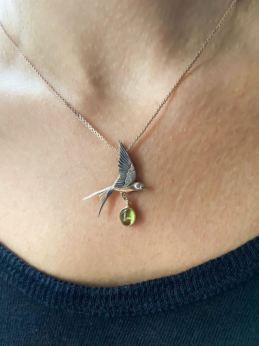 Handmade Peridot Swallow Bird Necklace, 925 Sterling Silver Swallow Pendant, Flapping Wings Pendant, Bird Jewellery, Custom Animal Necklace - Tracesilver