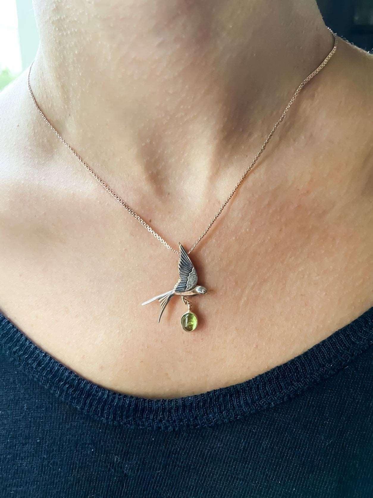 Handmade Peridot Swallow Bird Necklace, 925 Sterling Silver Swallow Pendant, Flapping Wings Pendant, Bird Jewellery, Custom Animal Necklace - Tracesilver