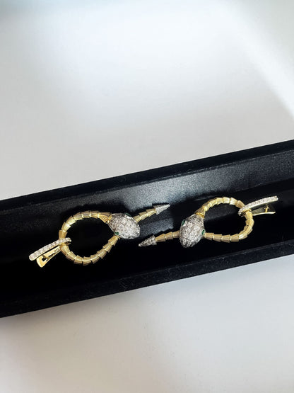 925 Sterling Silver 14K Gold Full Zircon Stone Emerald Eyes Snake Luxury Earrings Jewelry For Women