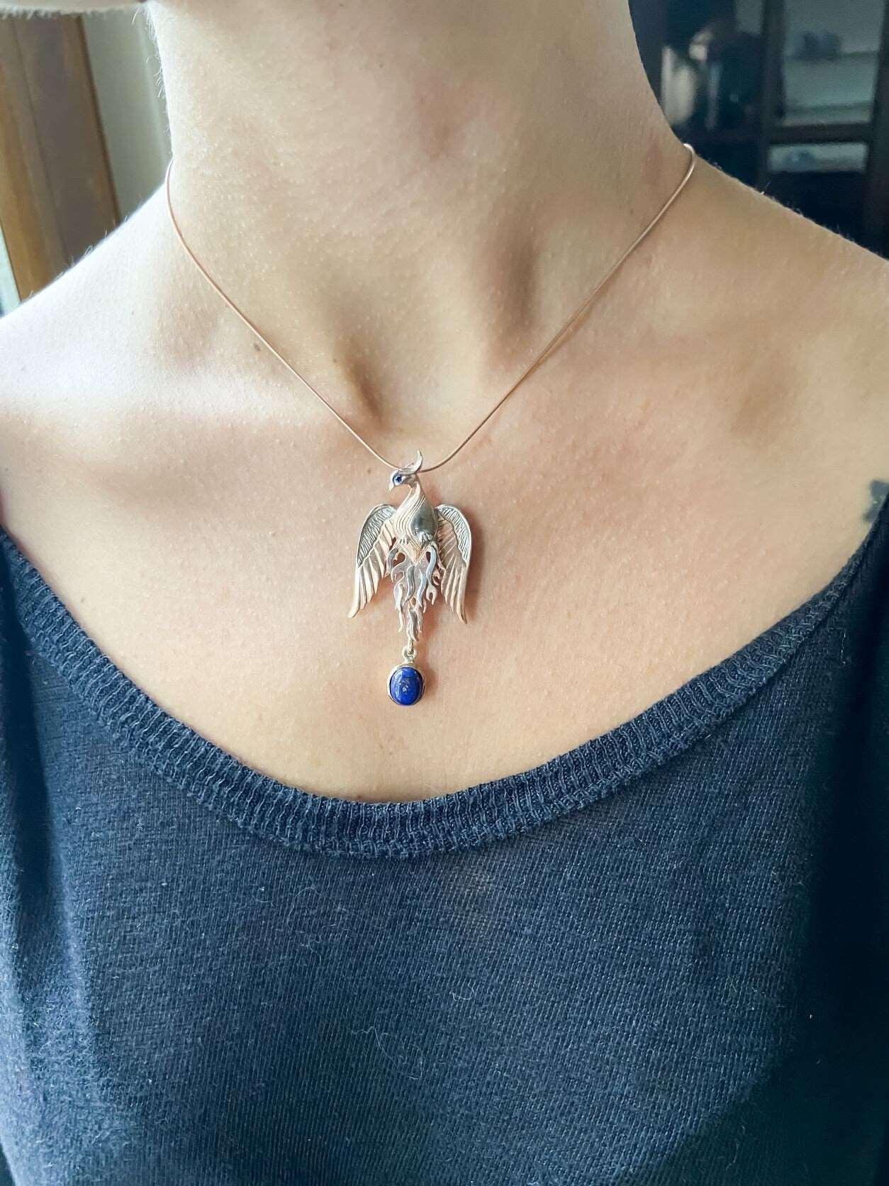 Lapis Lazuli Phoenix Strength Necklace, Sapphire Stone Eye Firebird Pendant, Custom Desing Animal Jewerly, Bird Pendant - Tracesilver