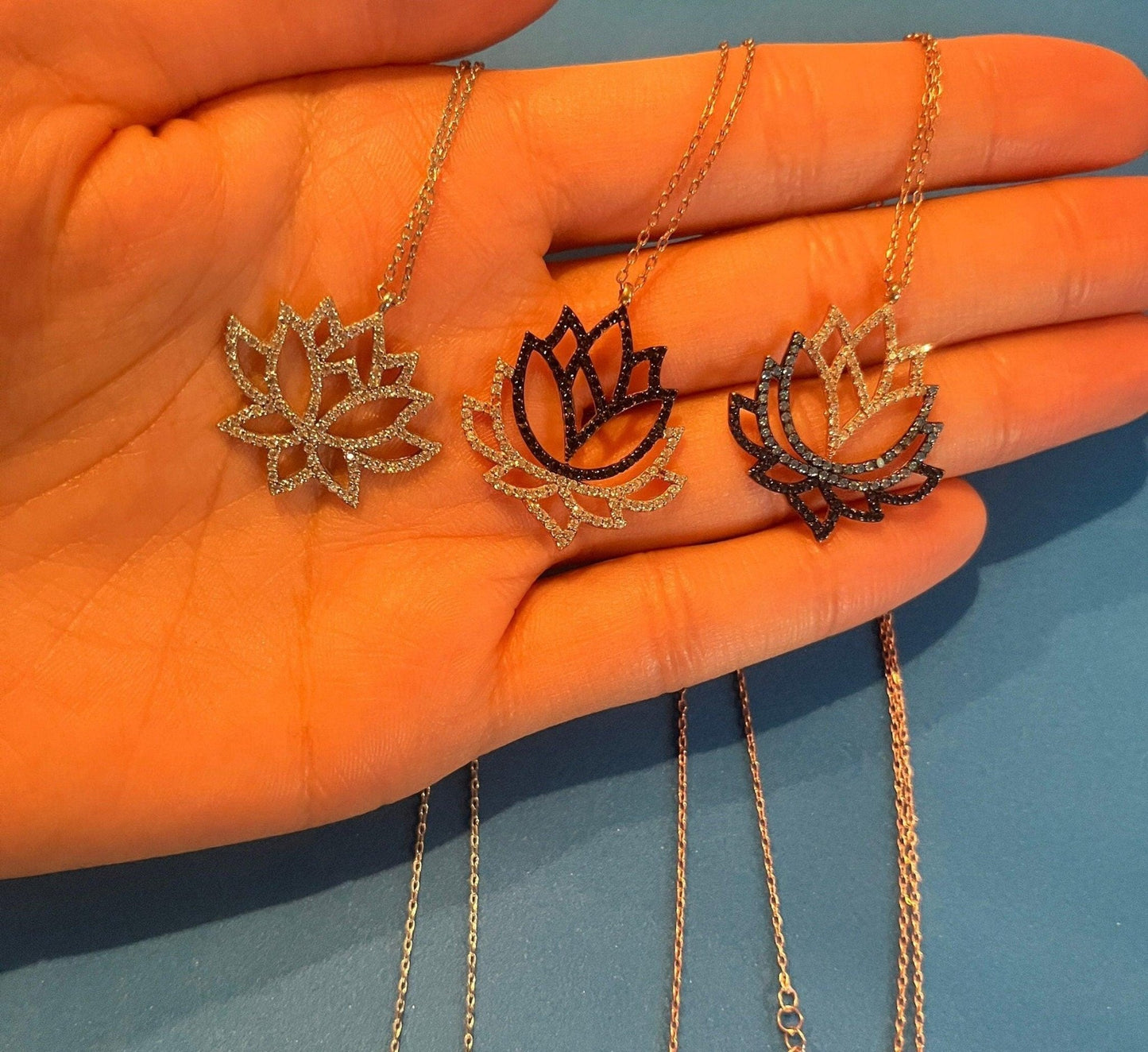 Lotus 925 Sterling Handmade Necklace | Lotus Zircon Stone | Blue Lotus | Silver Lotus Necklace| Lotus Different Colored Necklace|Zircon - Tracesilver