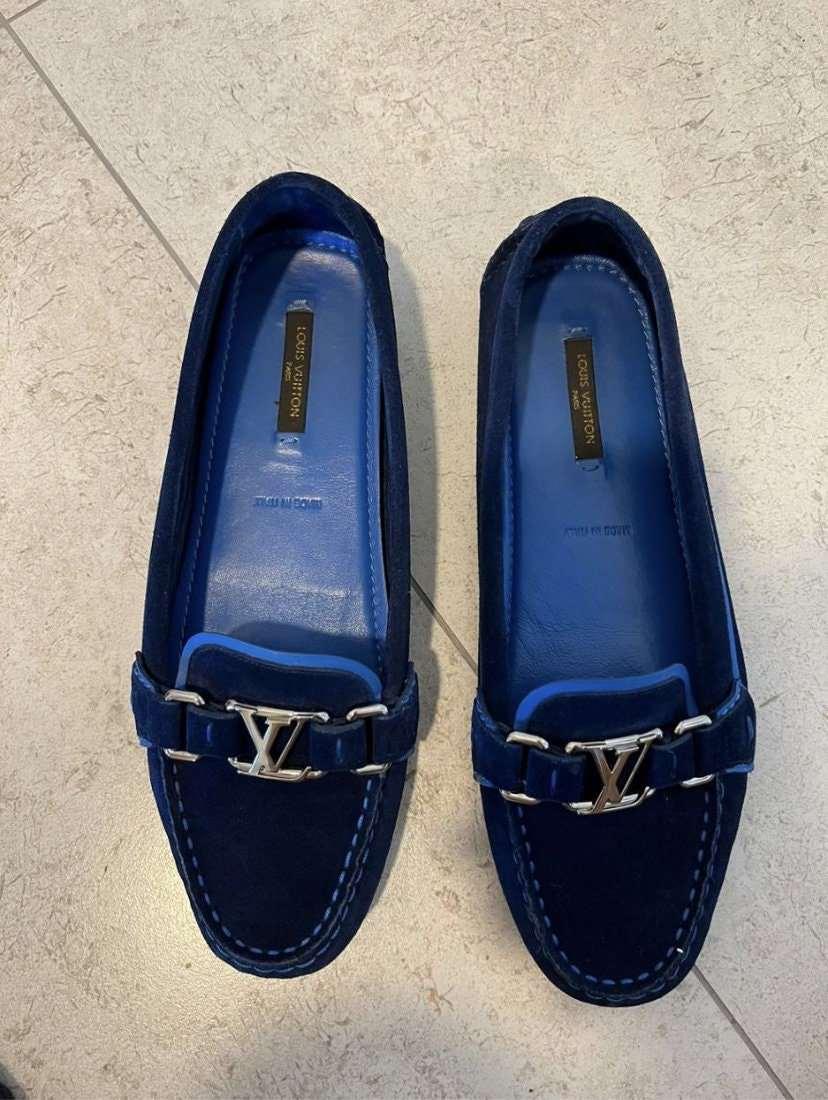 Louis Vuitton Authentic Women's Shoes Royal Blue Suede Initials Gold - Tracesilver