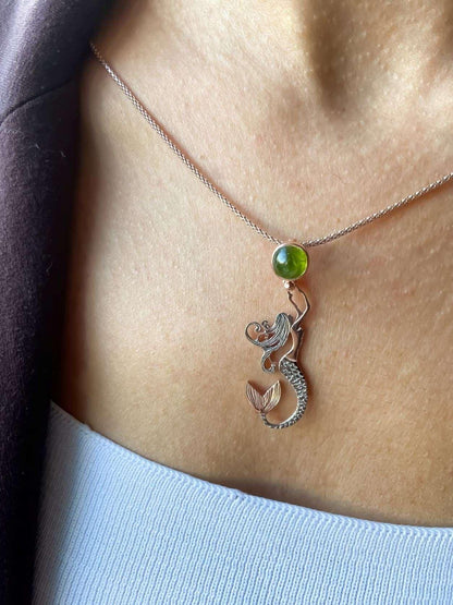 Mermaid First Quality Peridot Natural Stone 925 Sterling Silver Necklace For Women, Mermaid Natural Stone Pendant For Her - Tracesilver
