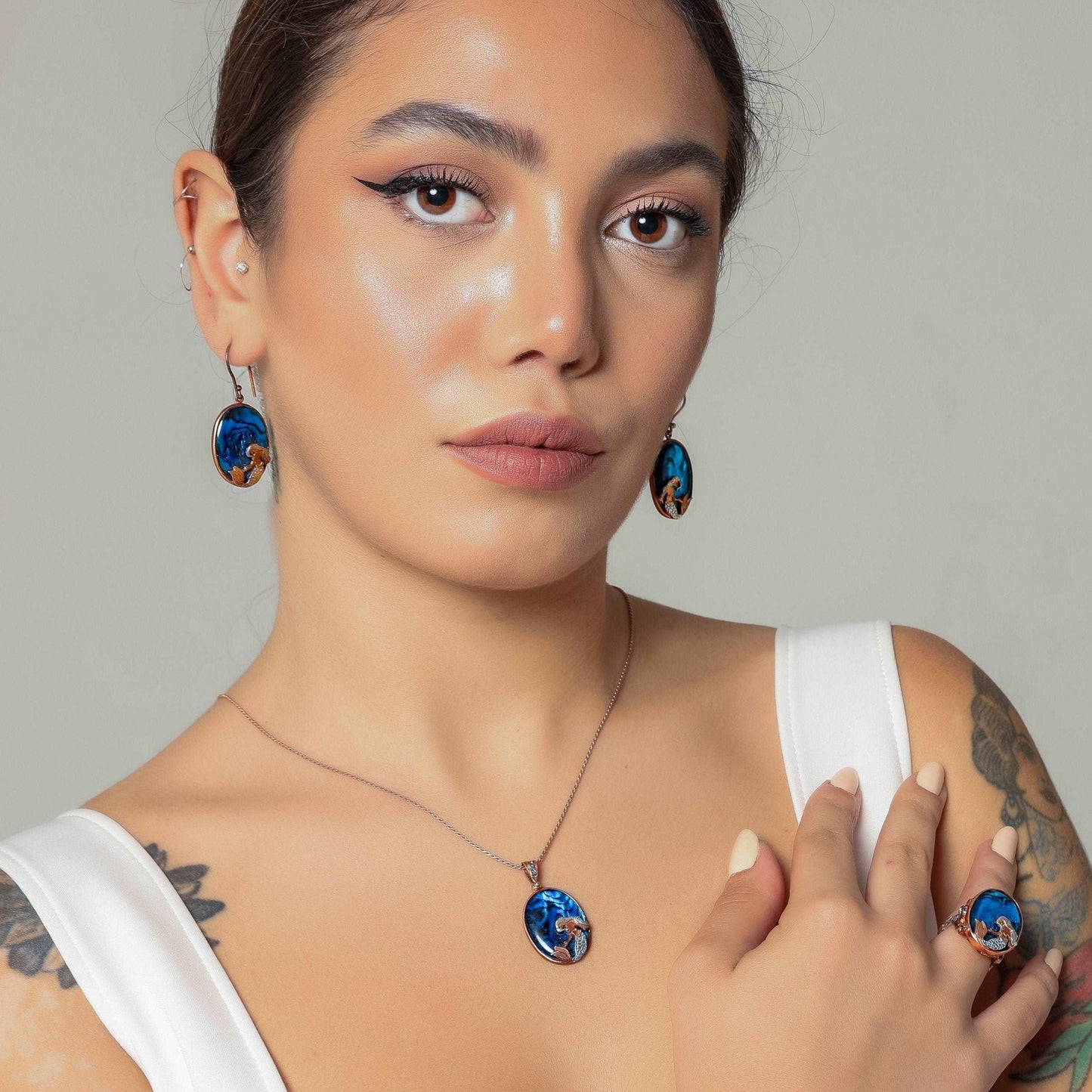 Mermaid Jewelry Abalone shell stone Necklace, Mermaid Deep Ocean Water Blue Set Abolone Gemstone - Tracesilver