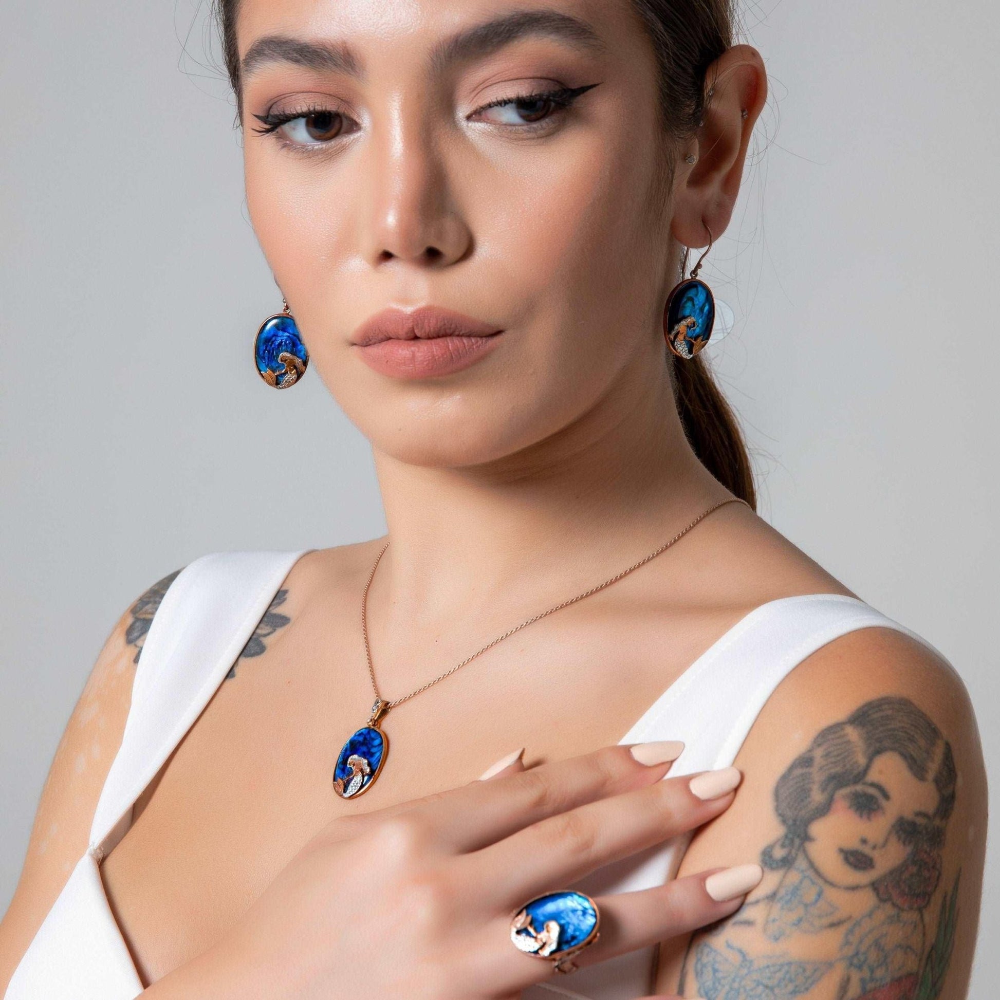 Mermaid Jewelry Abalone shell stone Necklace, Mermaid Deep Ocean Water Blue Set Abolone Gemstone - Tracesilver