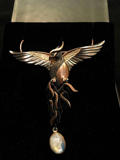 Moonstone Rose Gold Handmade Phoenix Necklace, Jewerly Firebird Moonstone Pendant, Unique Desing Bird Jewelry For Women - Tracesilver
