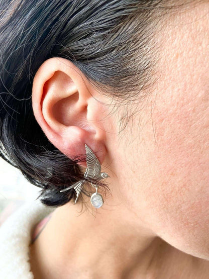 Moonstone Sparrow Stud Earrings, 925 Sterling Silver Sparrow Jewelry Earrings, Use Two Ways Moonstone Earrings - Tracesilver