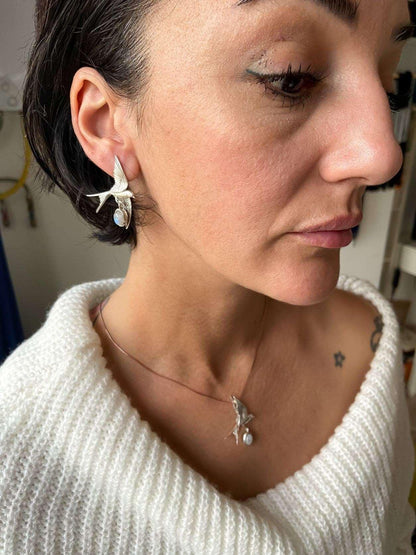 Moonstone Sparrow Stud Earrings, 925 Sterling Silver Sparrow Jewelry Earrings, Use Two Ways Moonstone Earrings - Tracesilver