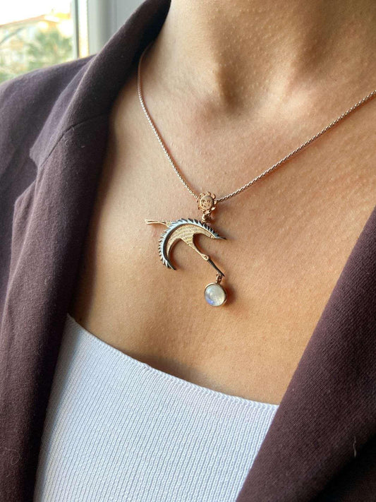 MOONSTONE STORK PENDANT Necklace For Her, Natural Moonstone Rose Gold Bird Pendant For Women - Tracesilver