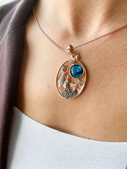 Mother Leading The Way Necklace Blue Abalone gemstone 925 Sterling Silver Pendant, Mom and Son Silver Necklace - Tracesilver