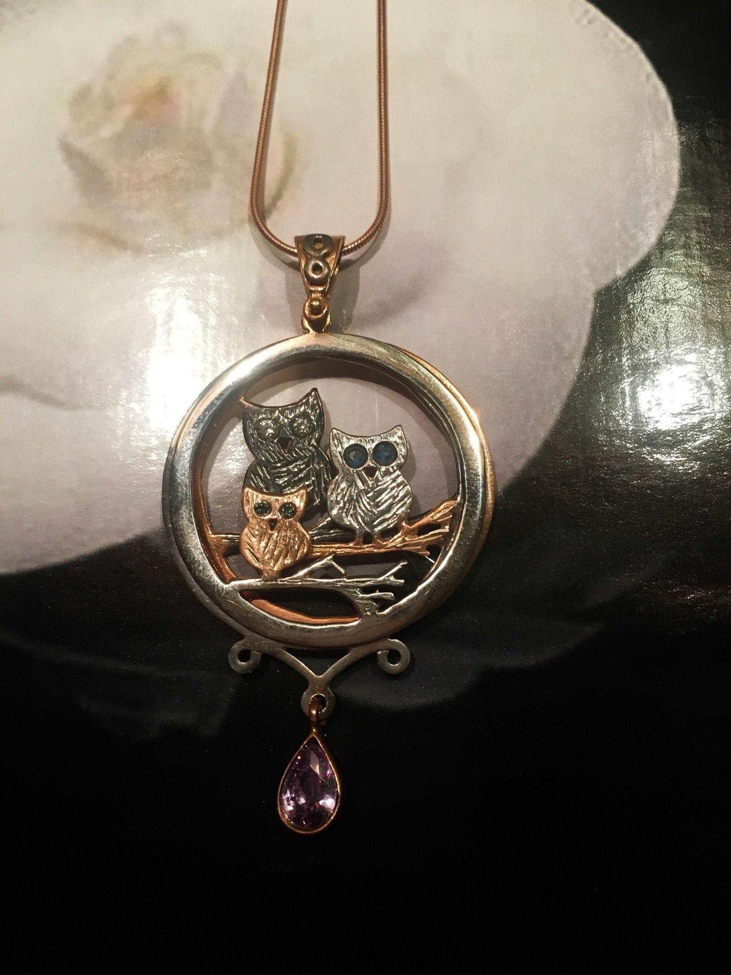 Moving Owl Amethyst Stone Pendant, Custom Desing Handmade Rose Gold Owl Necklace, Animal Jewelry For Her, Mother's Day Gift - Tracesilver
