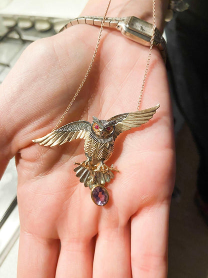 Owl Amethyst and Root Ruby Stone Pendant, Root Ruby Eye Handmade Owl 925 Sterling Silver Necklace,Bird Jewelry Precious Stone, Owl Gift Her - Tracesilver