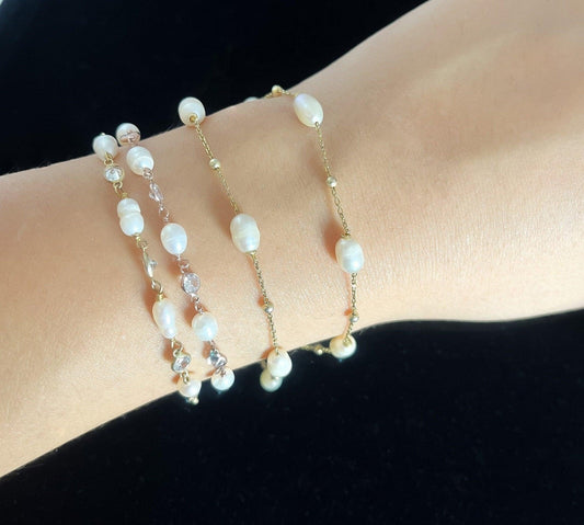 Pearl Double Chain 925 Sterling Silver Bracelet ,Strand Pearl Bracelet,White Pearl Gold Plated Chain,Silver Pearl,Rose Gold,Handmade Silver - Tracesilver