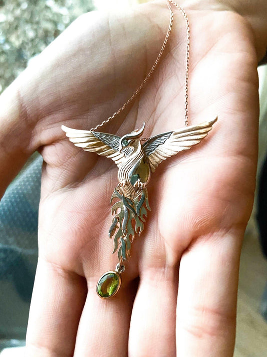 Peridot Gemstone Emerald Eye Fire Bird Phoenix 925 Sterling Silver Necklace, Handmade Phoenix Pendant, Custom Desing Jewerly, Unique Desing - Tracesilver