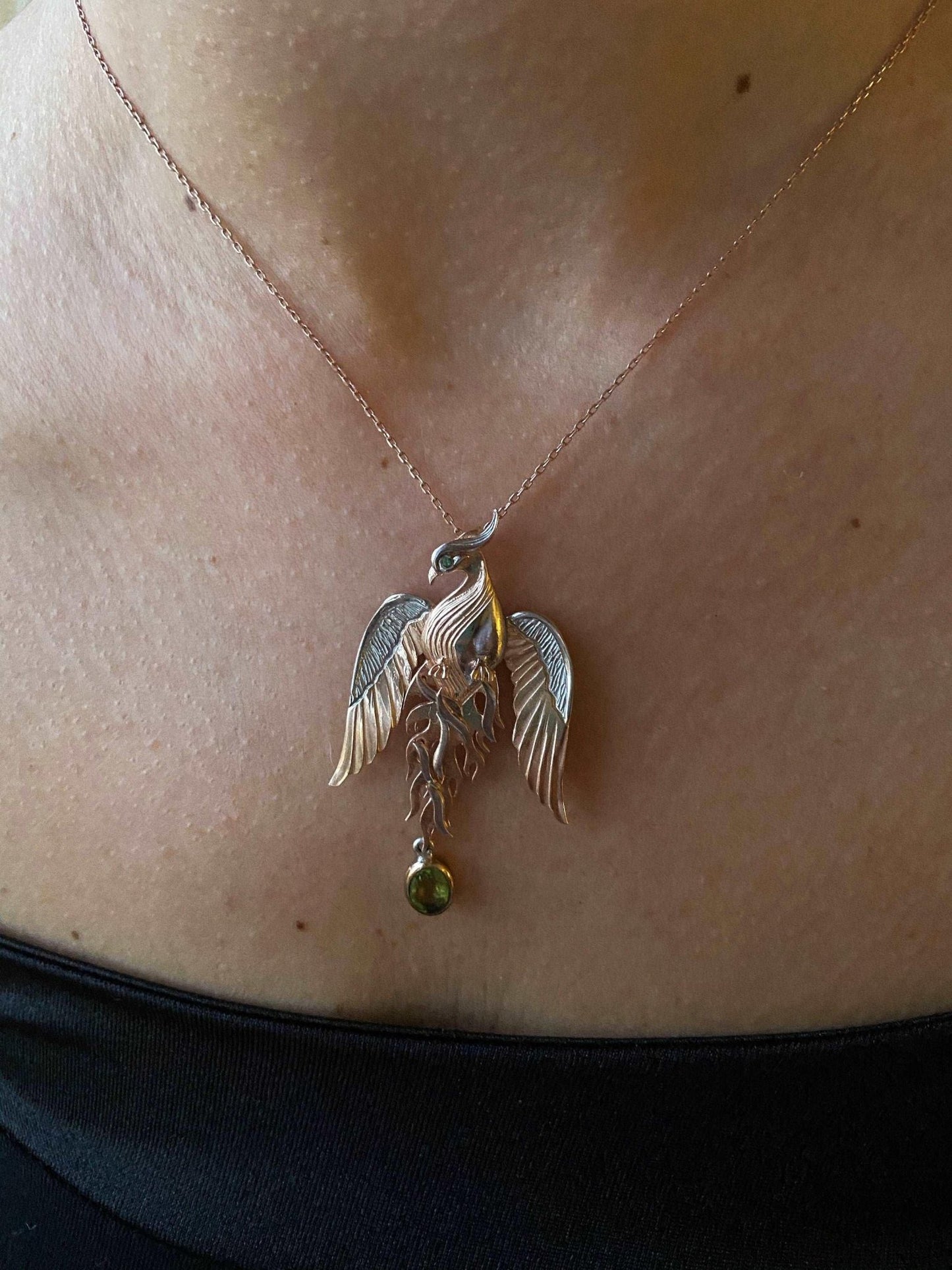 Peridot Gemstone Emerald Eye Fire Bird Phoenix 925 Sterling Silver Necklace, Handmade Phoenix Pendant, Custom Desing Jewerly, Unique Desing - Tracesilver