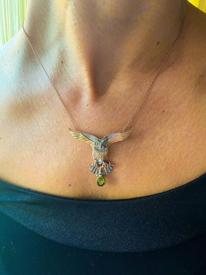 Peridot Stone Owl Custom Desing 925 Sterling Silver Handmade Necklace, Jewelry Gemstone Owl, Emerald Owl Pendant, Owl Gift For Women - Tracesilver