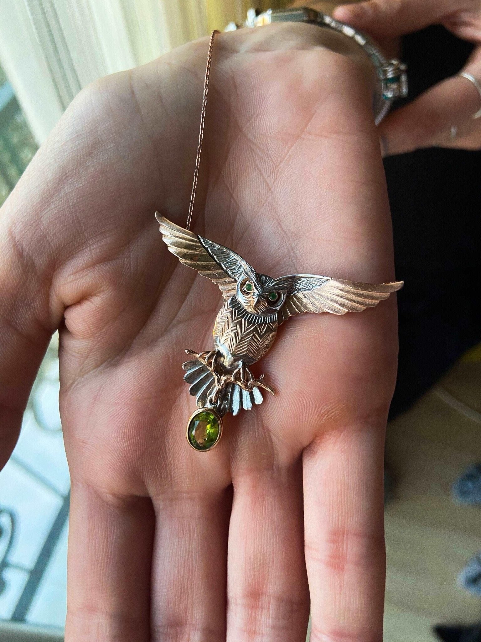 Peridot Stone Owl Custom Desing 925 Sterling Silver Handmade Necklace, Jewelry Gemstone Owl, Emerald Owl Pendant, Owl Gift For Women - Tracesilver