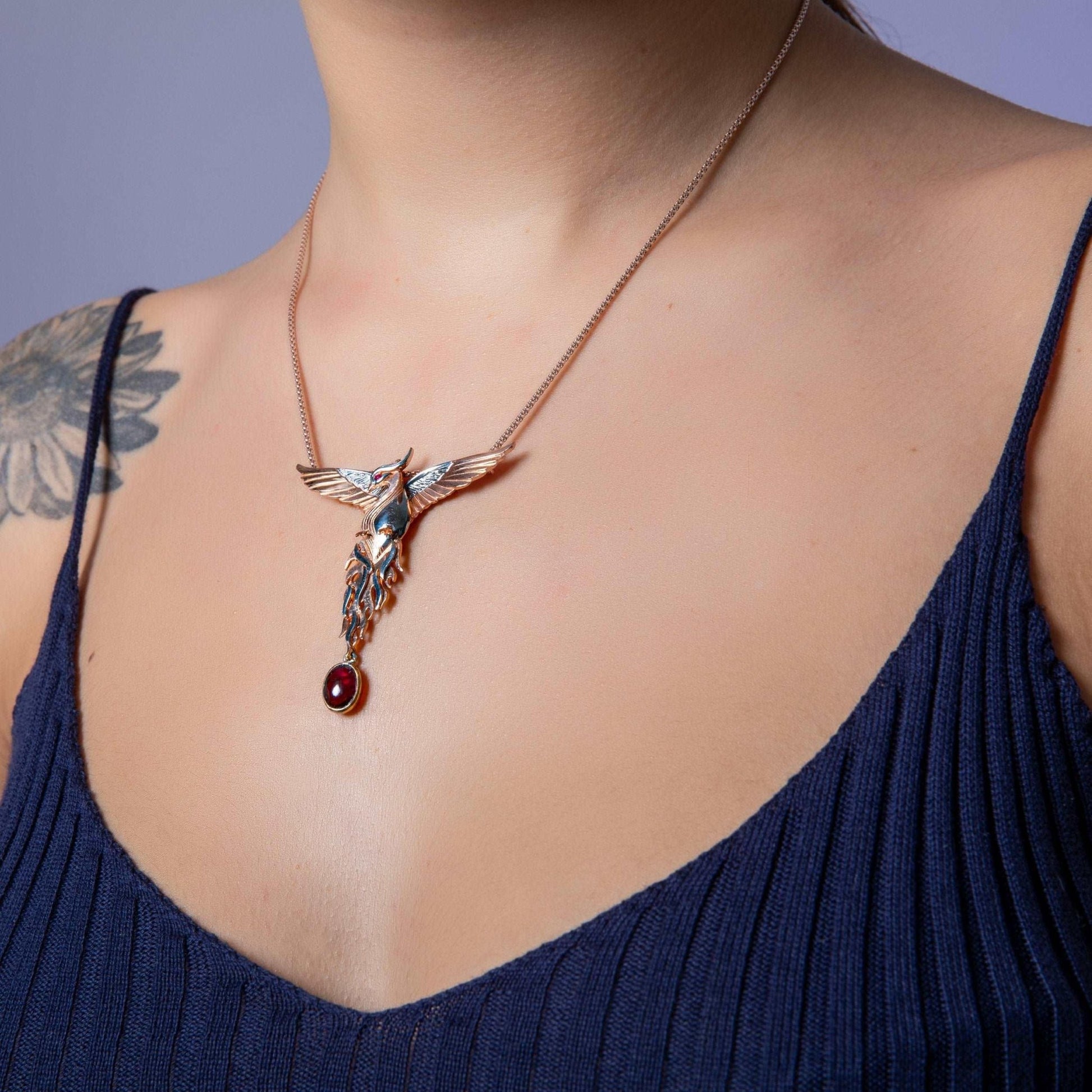 Phoenix Strength Root Ruby Pendant, Firebird Handmade 925 Sterling Silver Phoenix Necklace, Custom Desing Animal Jewerly, Root Ruby GemStone - Tracesilver