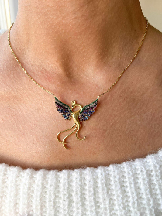 Rainbow Phoenix Gold Planet Necklace 925 Sterling Silver, Custom Desing Firebird Handmade Jewelry Strength Pendant, Bird Gold Phoenix - Tracesilver