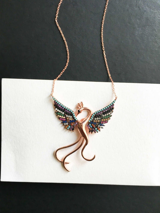 Rainbow Phoenix Necklace,Custom Desing Firebird Handmade Jewelry Strength Pendant, Bird Jewelry Rose Gold Phoenix, Birthday Gift - Tracesilver