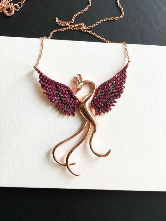 Red Phoenix Handmade Necklace, Bird Jewelry Rose Gold Firebird Pendant, Purple Phoenix Necklace,Birthday Gift For Her - Tracesilver