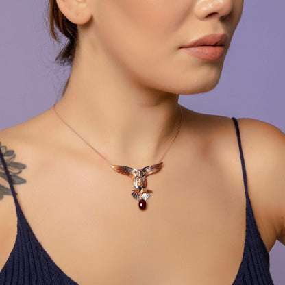 Root Ruby Emerald Gemstone Owl Custom Desing Handmade Owl Necklace, Jewelry Gemstone Owl, Owl Pendant, Gift For Women - Tracesilver