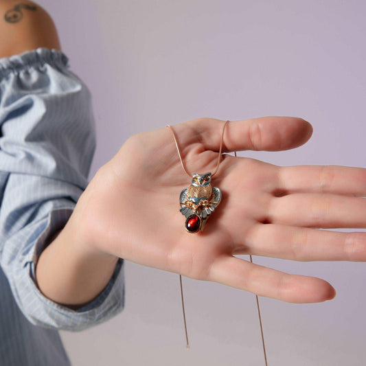 Root Ruby Emerald Gemstone Owl Custom Desing Handmade Owl Necklace, Jewelry Gemstone Owl, Owl Pendant, Gift For Women - Tracesilver