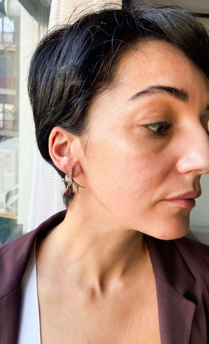 Root Ruby Sparrow Earrings 925 Sterling Silver Bird Stud Earrings For Women,Use Two Ways Root Ruby Earrings - Tracesilver