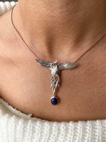 Silver Lapis Lazuli Phoenix Strength Necklace, Sapphire Stone or Root Ruby Eyes Handmade Firebird Pendant, Custom Design Phoenix Necklace - Tracesilver