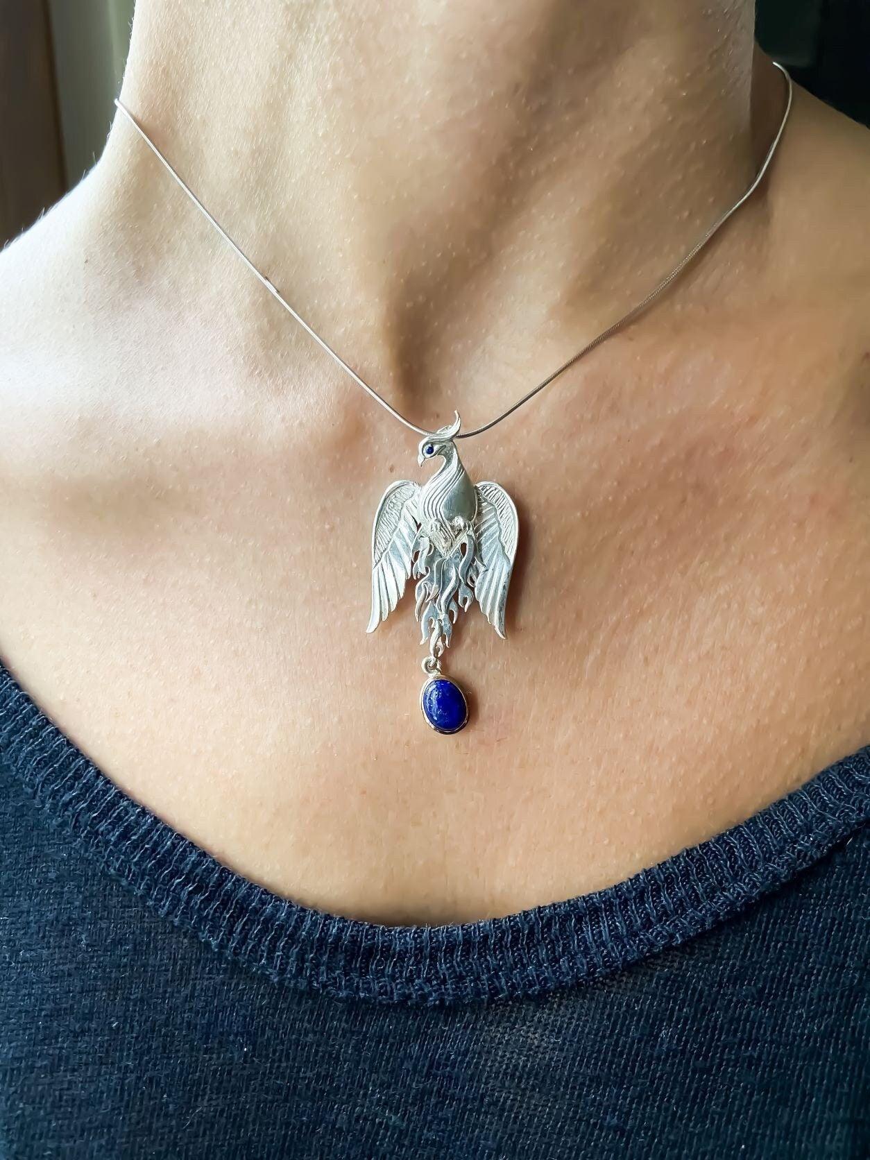 Silver Lapis Lazuli Phoenix Strength Necklace, Sapphire Stone or Root Ruby Eyes Handmade Firebird Pendant, Custom Design Phoenix Necklace - Tracesilver