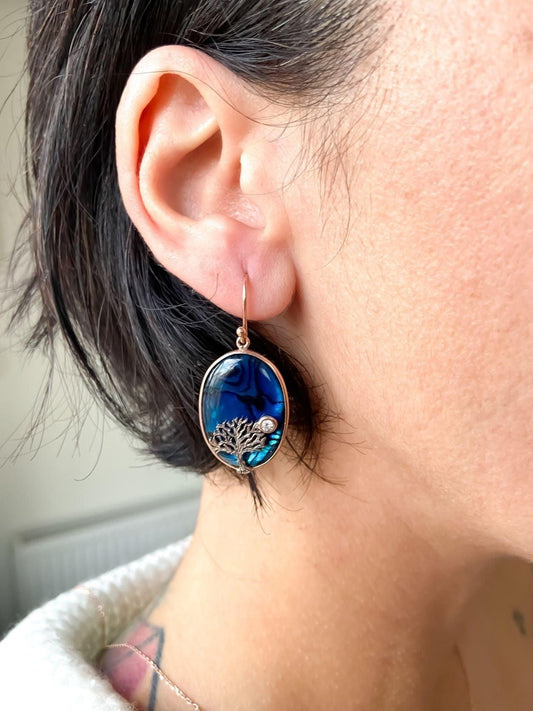 Tree Of Life Silver Stud Earrings, Blue Abalone Gemstone Earrings, Sterling Silver Life Tree Designer Jewelry Earlobe Earrings - Tracesilver